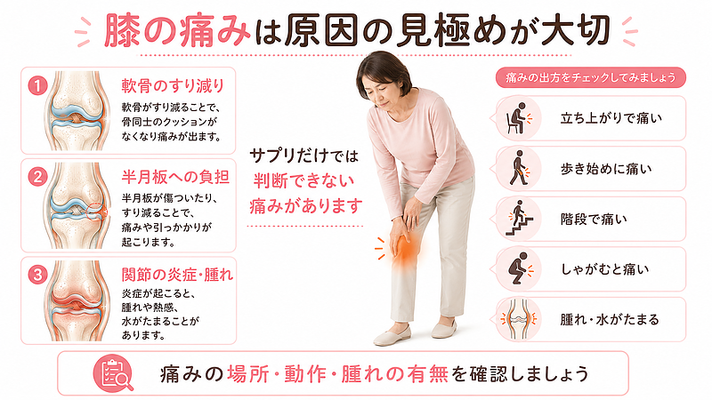 膝の痛みの原因を、軟骨のすり減り、半月板への負担、関節の炎症や腫れといった視点から整理した医療図解画像です。立ち上がり、歩き始め、階段、しゃがみ込み、腫れや水がたまる症状など、痛みの出方を確認する重要性をわかりやすく表現しています。膝の痛みはサプリだけで判断せず、痛む場所や動作、腫れの有無を確認することが大切です。