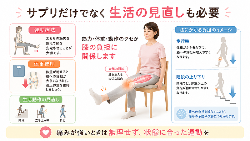 膝の痛みに対して、サプリメントだけでなく運動療法、体重管理、生活動作の見直しが重要であることを示した図解画像です。椅子に座って膝を伸ばす軽い運動を行う女性を中心に、大腿四頭筋の働きや膝への負担、歩行や階段動作との関係を表現しています。膝の痛みを改善・予防するには、状態に合わせた運動と日常生活での負担軽減が大切です。