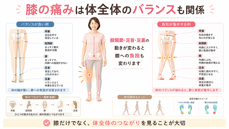 膝の痛みと体全体のバランスの関係を示した専門的な図解画像です。骨盤、股関節、膝、足首、足裏のつながりを可視化し、姿勢や歩き方の乱れによって膝への負担が集中しやすくなることを表現しています。膝の痛みは膝だけの問題ではなく、股関節や足首、足裏の使い方、体全体の歪みやバランスも含めて見直すことが大切です。