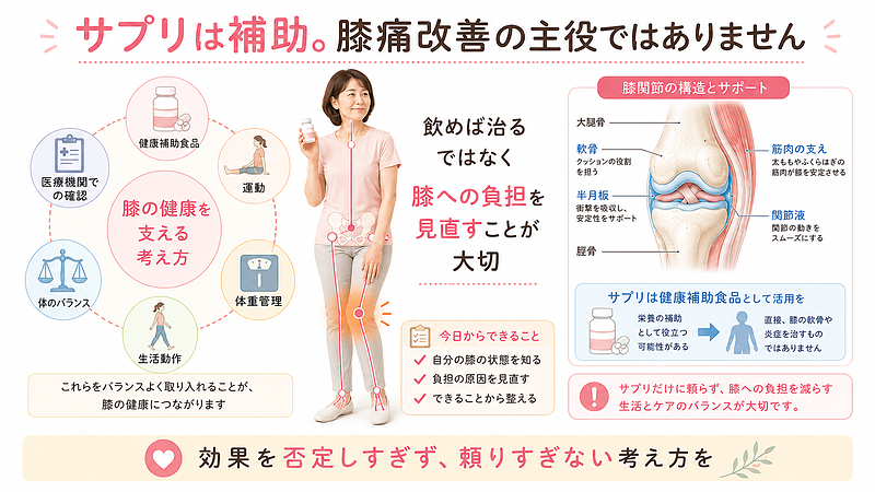 膝の痛みに対するサプリメントの正しい位置づけをまとめた図解画像です。サプリは健康補助食品として膝の健康を支える選択肢のひとつですが、飲めば治るものではありません。運動、体重管理、生活動作、体のバランス、医療機関での確認などを組み合わせ、膝への負担を見直すことが大切です。効果を否定しすぎず、頼りすぎない考え方を伝えるまとめ画像です。