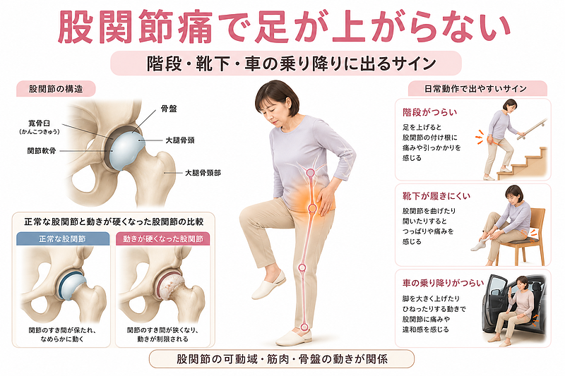 股関節痛で足が上がらない原因を、階段・靴下・車の乗り降りに出るサインとして整理した図解画像です。股関節の構造、正常な股関節と動きが硬くなった股関節の違い、骨盤から足首までの連動を示し、股関節だけでなく筋肉や骨盤の動きも関係することをわかりやすく解説しています。 股関節痛で足が上がらない原因を、階段・靴下・車の乗り降りに出るサインとして整理した図解画像です。股関節の構造、正常な股関節と動きが硬くなった股関節の違い、骨盤から足首までの連動を示し、股関節だけでなく筋肉や骨盤の動きも関係することをわかりやすく解説しています。