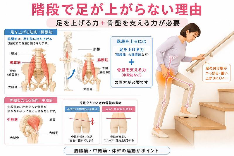 階段で足が上がらない理由を、腸腰筋・中殿筋・体幹の連動から説明した図解画像です。足を持ち上げる腸腰筋の働きと、片足で骨盤を支える中殿筋の役割を医学イラストで示し、階段動作で股関節前面に痛みや詰まり感が出る原因を視覚的に理解できる構成です。 階段で足が上がらない理由を、腸腰筋・中殿筋・体幹の連動から説明した図解画像です。足を持ち上げる腸腰筋の働きと、片足で骨盤を支える中殿筋の役割を医学イラストで示し、階段動作で股関節前面に痛みや詰まり感が出る原因を視覚的に理解できる構成です。