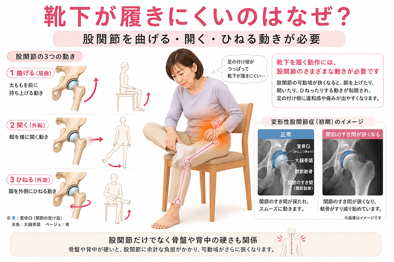 靴下が履きにくい理由を、股関節の屈曲・外転・外旋の3つの動きから解説した図解画像です。股関節の可動域が狭くなると、足を上げる、開く、ひねる動作が制限され、靴下を履く時に足の付け根の痛みやつっぱりが出やすくなることをわかりやすく表現しています。 靴下が履きにくい理由を、股関節の屈曲・外転・外旋の3つの動きから解説した図解画像です。股関節の可動域が狭くなると、足を上げる、開く、ひねる動作が制限され、靴下を履く時に足の付け根の痛みやつっぱりが出やすくなることをわかりやすく表現しています。