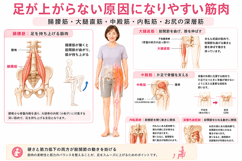 足が上がらない原因になりやすい筋肉をまとめた医学的な筋肉図解画像です。腸腰筋、大腿直筋、中殿筋、内転筋群、お尻の深層外旋筋群の役割を整理し、股関節痛や足の上げにくさには筋肉の硬さと筋力低下の両方が関係することをわかりやすく解説しています。 足が上がらない原因になりやすい筋肉をまとめた医学的な筋肉図解画像です。腸腰筋、大腿直筋、中殿筋、内転筋群、お尻の深層外旋筋群の役割を整理し、股関節痛や足の上げにくさには筋肉の硬さと筋力低下の両方が関係することをわかりやすく解説しています。