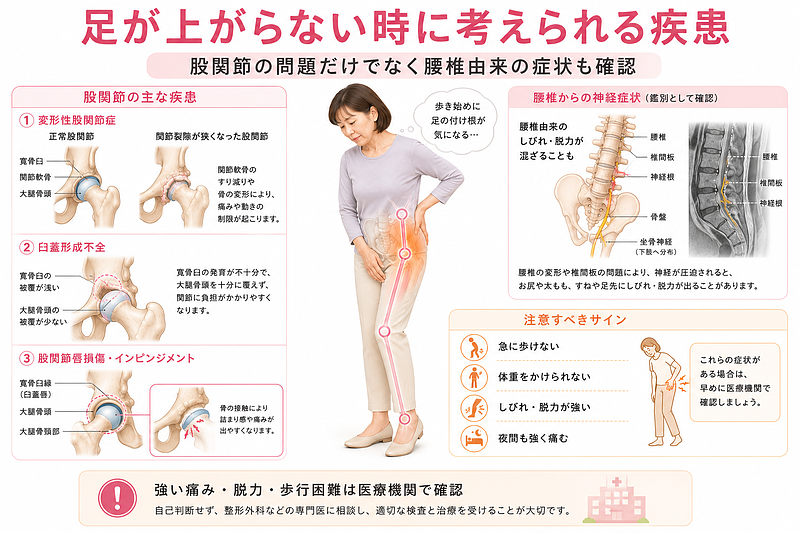 股関節痛で足が上がらない時に考えられる疾患と注意すべきサインをまとめた図解画像です。変形性股関節症、臼蓋形成不全、股関節唇損傷・インピンジメント、腰椎由来の神経症状を医学イラストで整理し、強い痛みや脱力、歩行困難がある場合の受診目安もわかりやすく示しています。 股関節痛で足が上がらない時に考えられる疾患と注意すべきサインをまとめた図解画像です。変形性股関節症、臼蓋形成不全、股関節唇損傷・インピンジメント、腰椎由来の神経症状を医学イラストで整理し、強い痛みや脱力、歩行困難がある場合の受診目安もわかりやすく示しています。