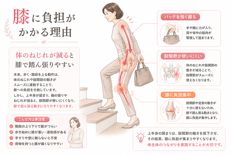 手や上半身の力みが膝への負担につながる理由を示した図解画像です。バッグを強く握ることで肩や背中が固まり、股関節の動きが低下し、階段動作で膝に負担が集中しやすくなる流れを解説しています。膝痛を体全体の使い方から見直すための画像です。 手や上半身の力みが膝への負担につながる理由を示した図解画像です。バッグを強く握ることで肩や背中が固まり、股関節の動きが低下し、階段動作で膝に負担が集中しやすくなる流れを解説しています。膝痛を体全体の使い方から見直すための画像です。