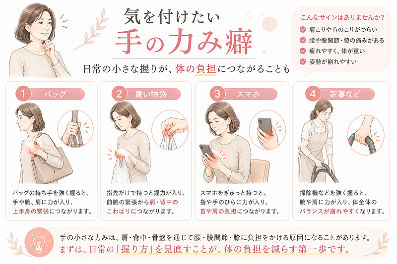 日常生活で起こりやすい手の力み癖をまとめたチェック型図解です。バッグ、買い物袋、スマホ、家事など、何気ない握り動作が肩や背中、腰・股関節・膝の負担につながる可能性をわかりやすく紹介しています。40〜50代女性の体の不調予防に役立つ内容です。 日常生活で起こりやすい手の力み癖をまとめたチェック型図解です。バッグ、買い物袋、スマホ、家事など、何気ない握り動作が肩や背中、腰・股関節・膝の負担につながる可能性をわかりやすく紹介しています。40〜50代女性の体の不調予防に役立つ内容です。