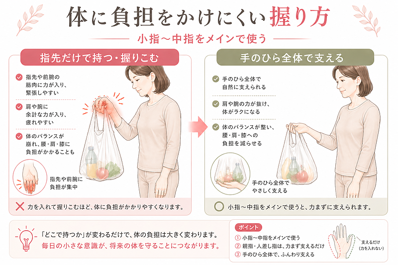体に負担をかけにくい握り方を、悪い例と良い例で比較した図解画像です。指先だけで強く持つ握り方は手や前腕、肩に緊張を生みやすく、手のひら全体で支える持ち方は体の負担軽減につながります。腰痛・股関節痛・膝痛を防ぐ日常動作の見直しに適した画像です。 体に負担をかけにくい握り方を、悪い例と良い例で比較した図解画像です。指先だけで強く持つ握り方は手や前腕、肩に緊張を生みやすく、手のひら全体で支える持ち方は体の負担軽減につながります。腰痛・股関節痛・膝痛を防ぐ日常動作の見直しに適した画像です。
