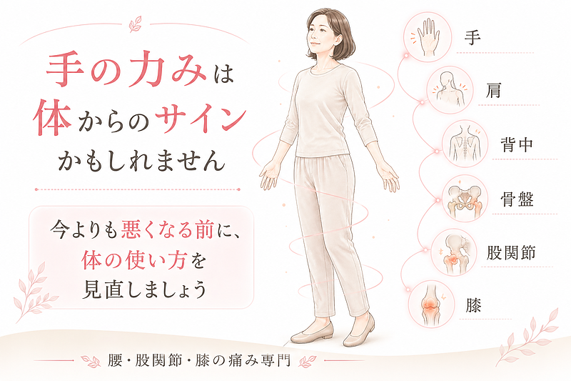 手の力みを体からのサインとして捉え、今より悪くなる前に体の使い方を見直す大切さを伝えるまとめ用図解画像です。手、肩、背中、骨盤、股関節、膝のつながりをやさしく表現し、腰・股関節・膝の痛みを全身の連動から整える考え方を示しています。 手の力みを体からのサインとして捉え、今より悪くなる前に体の使い方を見直す大切さを伝えるまとめ用図解画像です。手、肩、背中、骨盤、股関節、膝のつながりをやさしく表現し、腰・股関節・膝の痛みを全身の連動から整える考え方を示しています。