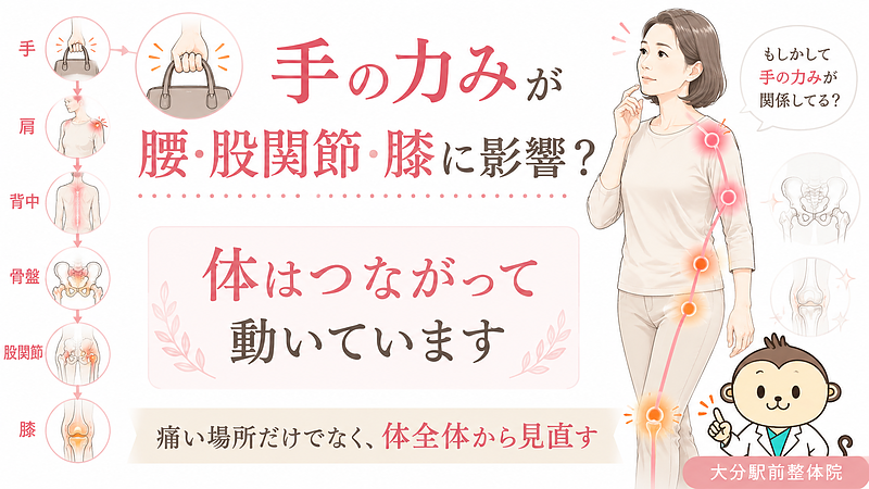 手の力みが腰・股関節・膝に影響する理由を、運動連鎖の視点から解説したマイベストプロ記事用サムネイル画像です。バッグを握る手の緊張が、肩・背中・骨盤・股関節・膝へとつながり、腰痛・股関節痛・膝痛の負担になる流れを図解しています。痛い場所だけでなく、体全体のつながりから不調を見直す大切さを伝える整体コラム向け画像です。 手の力みが腰・股関節・膝に影響する理由を、運動連鎖の視点から解説したマイベストプロ記事用サムネイル画像です。バッグを握る手の緊張が、肩・背中・骨盤・股関節・膝へとつながり、腰痛・股関節痛・膝痛の負担になる流れを図解しています。痛い場所だけでなく、体全体のつながりから不調を見直す大切さを伝える整体コラム向け画像です。