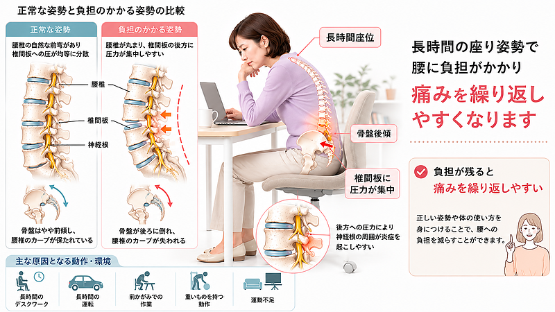 長時間座位や骨盤後傾によって腰椎の自然なカーブが崩れ、椎間板に圧力が集中しやすくなる仕組みを説明した図解です。ヘルニアの痛みを繰り返す背景にある、座り姿勢・デスクワーク・運動不足による腰への負担を視覚的にまとめています。 長時間座位や骨盤後傾によって腰椎の自然なカーブが崩れ、椎間板に圧力が集中しやすくなる仕組みを説明した図解です。ヘルニアの痛みを繰り返す背景にある、座り姿勢・デスクワーク・運動不足による腰への負担を視覚的にまとめています。