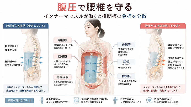 腹圧とインナーマッスルが腰椎を支え、椎間板への負担を分散する仕組みを解説した医学図解です。横隔膜、腹横筋、多裂筋、骨盤底筋が連動することで腰椎が安定し、ヘルニアの痛みを繰り返しにくい体づくりにつながることを示しています。 腹圧とインナーマッスルが腰椎を支え、椎間板への負担を分散する仕組みを解説した医学図解です。横隔膜、腹横筋、多裂筋、骨盤底筋が連動することで腰椎が安定し、ヘルニアの痛みを繰り返しにくい体づくりにつながることを示しています。