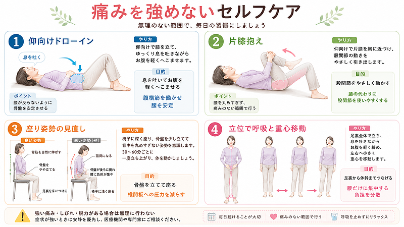 ヘルニアの痛みを繰り返す方に向けて、仰向けドローイン、片膝抱え、座り姿勢の見直し、立位での呼吸と重心移動を順番に紹介したセルフケア図解です。腰に負担をかけず、腹圧・股関節・骨盤・足裏の使い方を整える目的をわかりやすくまとめています。 ヘルニアの痛みを繰り返す方に向けて、仰向けドローイン、片膝抱え、座り姿勢の見直し、立位での呼吸と重心移動を順番に紹介したセルフケア図解です。腰に負担をかけず、腹圧・股関節・骨盤・足裏の使い方を整える目的をわかりやすくまとめています。