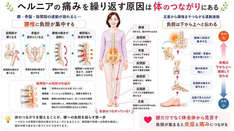 腰椎椎間板ヘルニアの痛みを繰り返す原因を、腰だけでなく骨盤・股関節・膝・足首・足裏のつながりから説明した整体図解です。股関節や足元の動きが崩れることで腰椎に負担が集まり、炎症や痛みにつながる流れを視覚的に解説しています。 腰椎椎間板ヘルニアの痛みを繰り返す原因を、腰だけでなく骨盤・股関節・膝・足首・足裏のつながりから説明した整体図解です。股関節や足元の動きが崩れることで腰椎に負担が集まり、炎症や痛みにつながる流れを視覚的に解説しています。