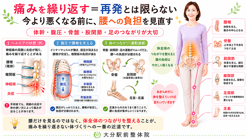ヘルニアの痛みを繰り返す方へ、再発と決めつける前に体幹・腹圧・骨盤・股関節・足のつながりを見直す大切さをまとめた図解です。腰椎や椎間板への負担を減らし、今より悪くなる前に体全体から整える考え方を伝えています。 ヘルニアの痛みを繰り返す方へ、再発と決めつける前に体幹・腹圧・骨盤・股関節・足のつながりを見直す大切さをまとめた図解です。腰椎や椎間板への負担を減らし、今より悪くなる前に体全体から整える考え方を伝えています。