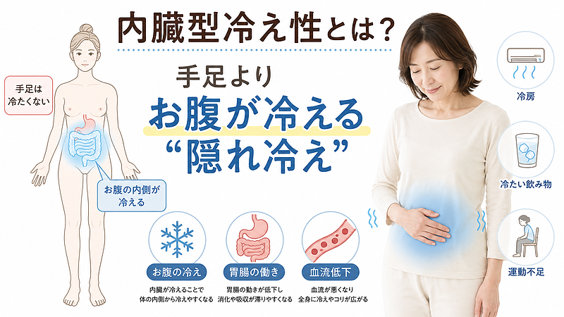 内臓型冷え性により、手足ではなくお腹の内側が冷える状態を解説した医療整体図解です。胃腸の働きや血流低下、冷房・冷たい飲み物・運動不足との関係を示し、腰痛につながる隠れ冷えの特徴をわかりやすく表現しています。 内臓型冷え性により、手足ではなくお腹の内側が冷える状態を解説した医療整体図解です。胃腸の働きや血流低下、冷房・冷たい飲み物・運動不足との関係を示し、腰痛につながる隠れ冷えの特徴をわかりやすく表現しています。