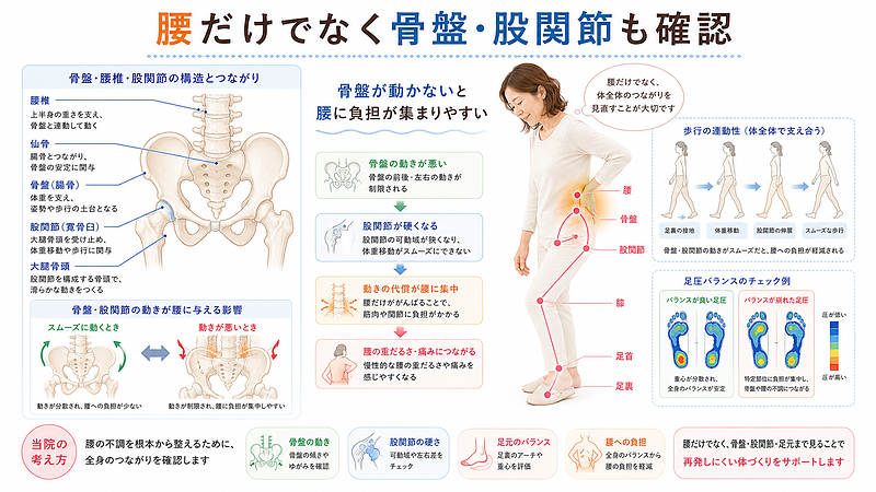 骨盤や股関節の動きが悪くなることで、腰に負担が集まりやすくなる仕組みを解説した整体院向け図解です。腰椎・骨盤・仙骨・股関節・大腿骨頭のつながりや足元のバランスを示し、腰痛を体全体から見直す重要性を表現しています。 骨盤や股関節の動きが悪くなることで、腰に負担が集まりやすくなる仕組みを解説した整体院向け図解です。腰椎・骨盤・仙骨・股関節・大腿骨頭のつながりや足元のバランスを示し、腰痛を体全体から見直す重要性を表現しています。