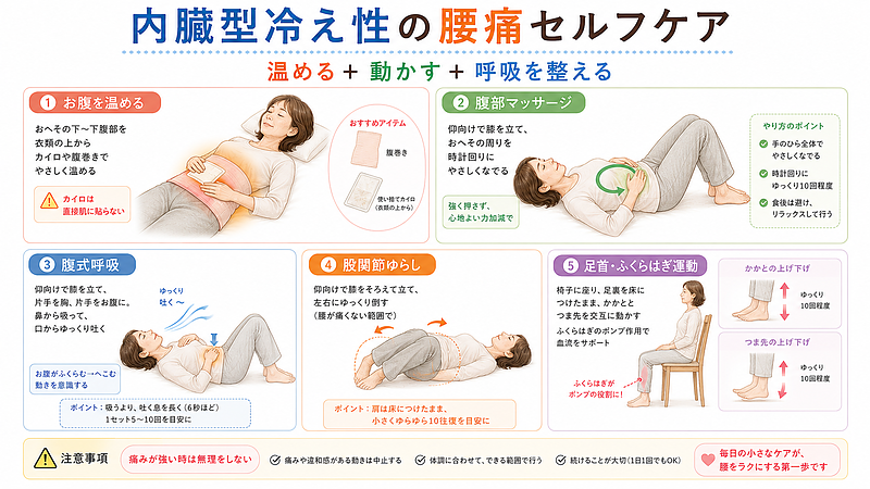 内臓型冷え性による腰痛に対して、自宅でできるセルフケアをまとめた解説画像です。お腹を温める、腹部マッサージ、腹式呼吸、股関節ゆらし、足首・ふくらはぎ運動の方法を、手順と注意点がひと目でわかるように整理しています。 内臓型冷え性による腰痛に対して、自宅でできるセルフケアをまとめた解説画像です。お腹を温める、腹部マッサージ、腹式呼吸、股関節ゆらし、足首・ふくらはぎ運動の方法を、手順と注意点がひと目でわかるように整理しています。
