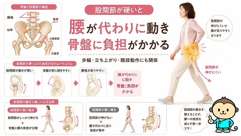 股関節の動きが悪くなることで、腰が代わりに反りやすくなり、骨盤や腰椎に負担がかかる流れを示した図解です。歩幅が狭い、立ち上がりにくい、階段動作がつらい方に向けて、股関節と骨盤、腰痛の関係をわかりやすく説明しています。 股関節の動きが悪くなることで、腰が代わりに反りやすくなり、骨盤や腰椎に負担がかかる流れを示した図解です。歩幅が狭い、立ち上がりにくい、階段動作がつらい方に向けて、股関節と骨盤、腰痛の関係をわかりやすく説明しています。