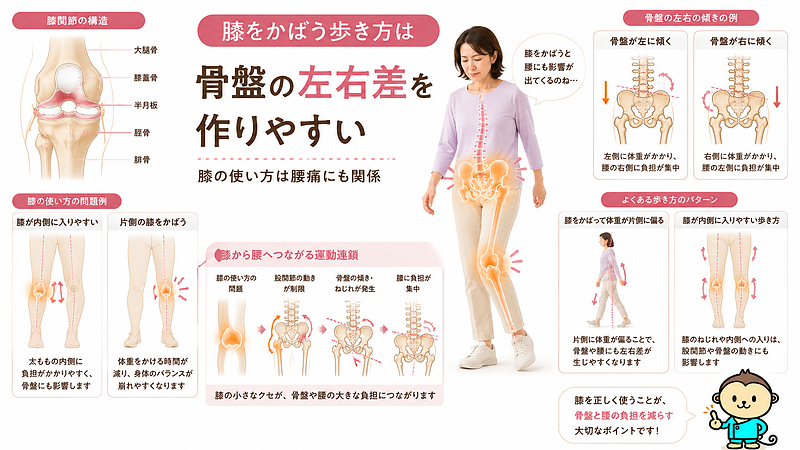 膝をかばう歩き方や膝が内側に入りやすい癖が、股関節・骨盤・腰へ影響することを示した医療整体図解です。膝の小さな使い方の偏りが骨盤の左右差を作り、腰痛につながる可能性を視覚的に解説しています。 膝をかばう歩き方や膝が内側に入りやすい癖が、股関節・骨盤・腰へ影響することを示した医療整体図解です。膝の小さな使い方の偏りが骨盤の左右差を作り、腰痛につながる可能性を視覚的に解説しています。