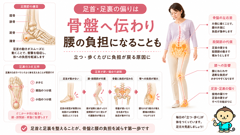 足首の硬さや足裏の接地バランスが、膝・股関節・骨盤へ伝わり、腰への負担につながる仕組みを解説した図解です。立つ・歩くたびに腰痛が戻りやすい方に向けて、足元から骨盤を整える重要性をわかりやすく示しています。 足首の硬さや足裏の接地バランスが、膝・股関節・骨盤へ伝わり、腰への負担につながる仕組みを解説した図解です。立つ・歩くたびに腰痛が戻りやすい方に向けて、足元から骨盤を整える重要性をわかりやすく示しています。