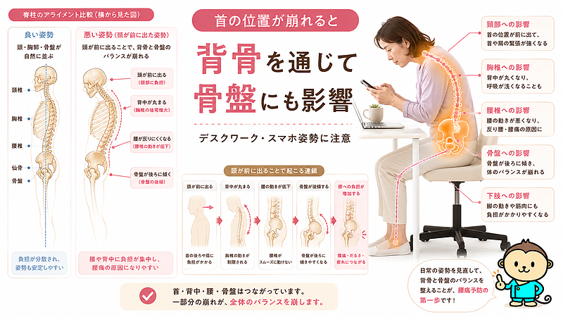 首の位置が前に出る姿勢によって、背骨のアライメントが崩れ、骨盤後傾や腰への負担につながる流れを解説した医療整体図解です。デスクワークやスマホ姿勢が多い方に向けて、頸部・脊柱・骨盤の関係をわかりやすく示しています。 首の位置が前に出る姿勢によって、背骨のアライメントが崩れ、骨盤後傾や腰への負担につながる流れを解説した医療整体図解です。デスクワークやスマホ姿勢が多い方に向けて、頸部・脊柱・骨盤の関係をわかりやすく示しています。