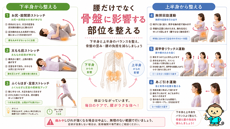 骨盤の歪みに影響する下半身と上半身を整えるセルフケアをまとめた図解です。お尻・股関節ストレッチ、太もも前ストレッチ、ふくらはぎ・足首ストレッチ、胸郭回旋、肩甲骨リラックス、あご引き運動を、腰痛予防の観点からわかりやすく紹介しています。 骨盤の歪みに影響する下半身と上半身を整えるセルフケアをまとめた図解です。お尻・股関節ストレッチ、太もも前ストレッチ、ふくらはぎ・足首ストレッチ、胸郭回旋、肩甲骨リラックス、あご引き運動を、腰痛予防の観点からわかりやすく紹介しています。
