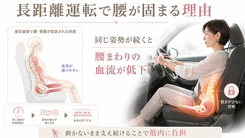 長距離運転で同じ姿勢が続くことにより、腰・骨盤・お尻まわりの筋肉が動かず、血流が低下して腰痛につながる仕組みを解説した図解画像です。運転中は腰まわりが固定されやすく、車から降りるときの重だるさや痛みの原因になりやすいことを視覚的に説明しています。 長距離運転で同じ姿勢が続くことにより、腰・骨盤・お尻まわりの筋肉が動かず、血流が低下して腰痛につながる仕組みを解説した図解画像です。運転中は腰まわりが固定されやすく、車から降りるときの重だるさや痛みの原因になりやすいことを視覚的に説明しています。