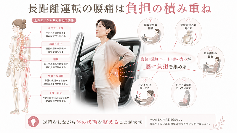 長距離運転による腰痛は、同じ姿勢・骨盤後傾・車の振動・シート調整・ハンドルの握りすぎ・ペダル操作など複数の負担が重なって起こることをまとめた図解画像です。腰だけでなく、上半身・骨盤・股関節・足元まで含めて体全体の負担を見直す大切さを伝えています。 長距離運転による腰痛は、同じ姿勢・骨盤後傾・車の振動・シート調整・ハンドルの握りすぎ・ペダル操作など複数の負担が重なって起こることをまとめた図解画像です。腰だけでなく、上半身・骨盤・股関節・足元まで含めて体全体の負担を見直す大切さを伝えています。