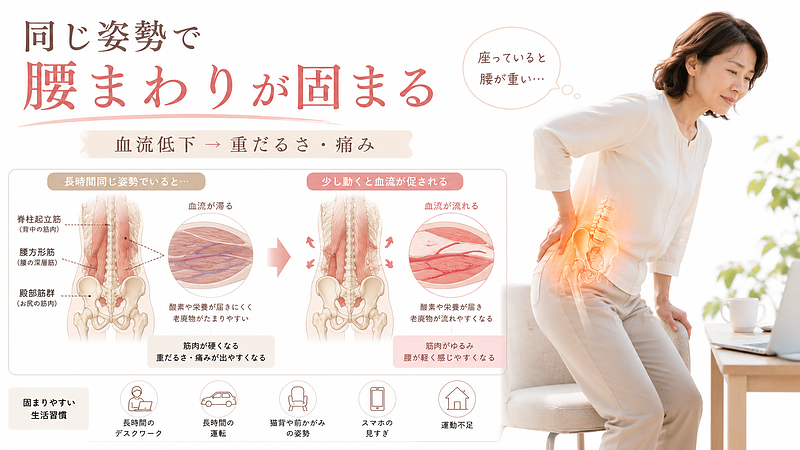 同じ姿勢が続くことで腰まわりの筋肉が固まり、血流低下から重だるさや痛みにつながる仕組みを解説した画像です。デスクワークや長時間運転、座りっぱなしのあとに腰痛を感じる方へ、筋肉のこわばりと循環の低下が腰痛に関係することをわかりやすく示しています。 同じ姿勢が続くことで腰まわりの筋肉が固まり、血流低下から重だるさや痛みにつながる仕組みを解説した画像です。デスクワークや長時間運転、座りっぱなしのあとに腰痛を感じる方へ、筋肉のこわばりと循環の低下が腰痛に関係することをわかりやすく示しています。
