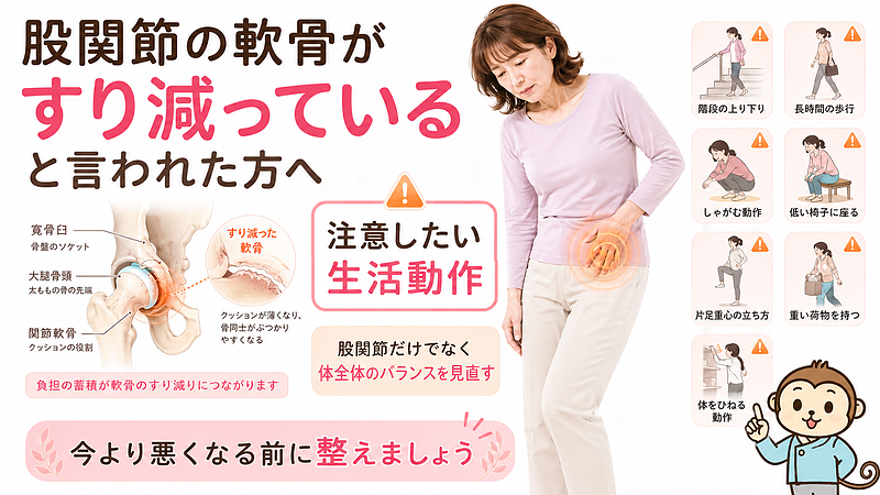 股関節の軟骨がすり減っていると言われた方に向けて、注意したい生活動作と体全体のバランスの重要性を伝えるマイベストプロ記事用サムネイル画像です。股関節の医学図解、痛みを感じる女性、階段・しゃがむ・片足重心・重い荷物などの生活動作アイコンを組み合わせ、今より悪くなる前に整える必要性を分かりやすく表現しています。 股関節の軟骨がすり減っていると言われた方に向けて、注意したい生活動作と体全体のバランスの重要性を伝えるマイベストプロ記事用サムネイル画像です。股関節の医学図解、痛みを感じる女性、階段・しゃがむ・片足重心・重い荷物などの生活動作アイコンを組み合わせ、今より悪くなる前に整える必要性を分かりやすく表現しています。