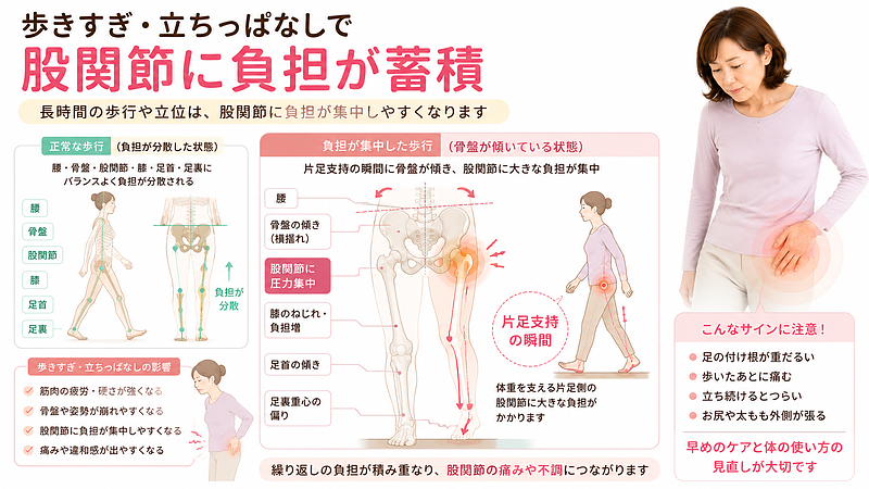 長時間の歩行や立ちっぱなしによって、片足支持の瞬間に骨盤が傾き、股関節へ負担が蓄積しやすくなる理由を解説した図解画像です。正常な歩行と負担が集中した歩行を比較し、足裏重心や骨盤の横揺れが股関節痛につながる仕組みを分かりやすく表現しています。 長時間の歩行や立ちっぱなしによって、片足支持の瞬間に骨盤が傾き、股関節へ負担が蓄積しやすくなる理由を解説した図解画像です。正常な歩行と負担が集中した歩行を比較し、足裏重心や骨盤の横揺れが股関節痛につながる仕組みを分かりやすく表現しています。