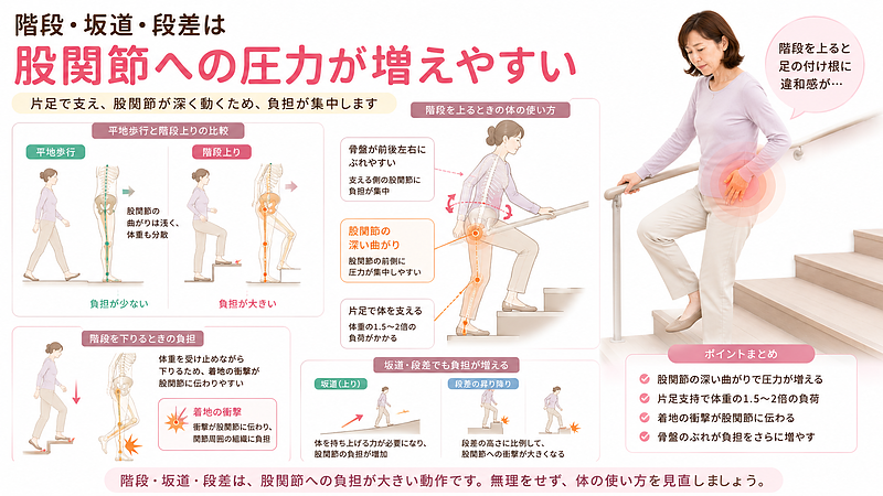 階段や坂道、段差で股関節への圧力が増えやすい理由を、平地歩行との比較や階段動作の図解で示した画像です。股関節を深く曲げる動き、片足で体を支える負担、着地時の衝撃が股関節前側に集中しやすいことを専門的に分かりやすく解説しています。 階段や坂道、段差で股関節への圧力が増えやすい理由を、平地歩行との比較や階段動作の図解で示した画像です。股関節を深く曲げる動き、片足で体を支える負担、着地時の衝撃が股関節前側に集中しやすいことを専門的に分かりやすく解説しています。