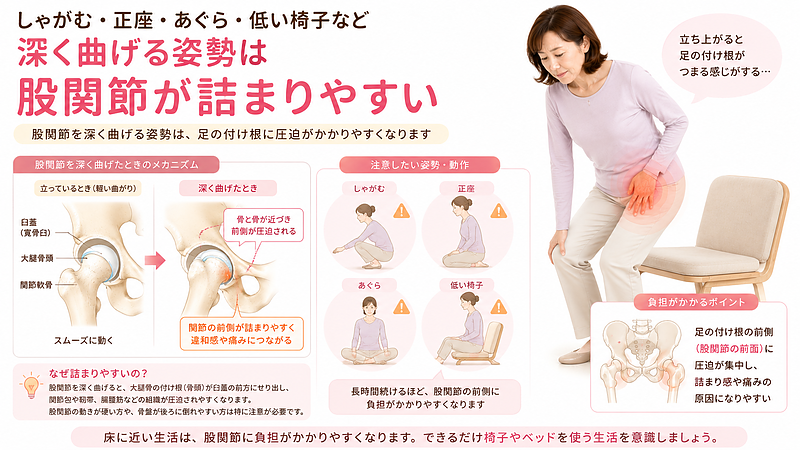 しゃがむ、正座、あぐら、低い椅子など、股関節を深く曲げる生活動作で足の付け根が詰まりやすくなる理由を解説した医療図解画像です。骨盤と大腿骨頭の関係を示し、股関節前側への圧迫や立ち上がり時の違和感が起こる仕組みを分かりやすく表現しています。 しゃがむ、正座、あぐら、低い椅子など、股関節を深く曲げる生活動作で足の付け根が詰まりやすくなる理由を解説した医療図解画像です。骨盤と大腿骨頭の関係を示し、股関節前側への圧迫や立ち上がり時の違和感が起こる仕組みを分かりやすく表現しています。