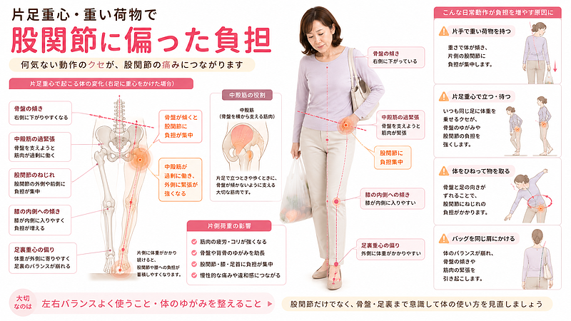 片手で重い荷物を持つ、片足重心で立つ、体をひねるといった日常動作が、骨盤の傾きや股関節のねじれを生み、股関節に偏った負担をかける流れを解説した画像です。中殿筋の働きや足裏重心の偏りも含め、股関節痛につながる体の使い方を視覚的に示しています。 片手で重い荷物を持つ、片足重心で立つ、体をひねるといった日常動作が、骨盤の傾きや股関節のねじれを生み、股関節に偏った負担をかける流れを解説した画像です。中殿筋の働きや足裏重心の偏りも含め、股関節痛につながる体の使い方を視覚的に示しています。