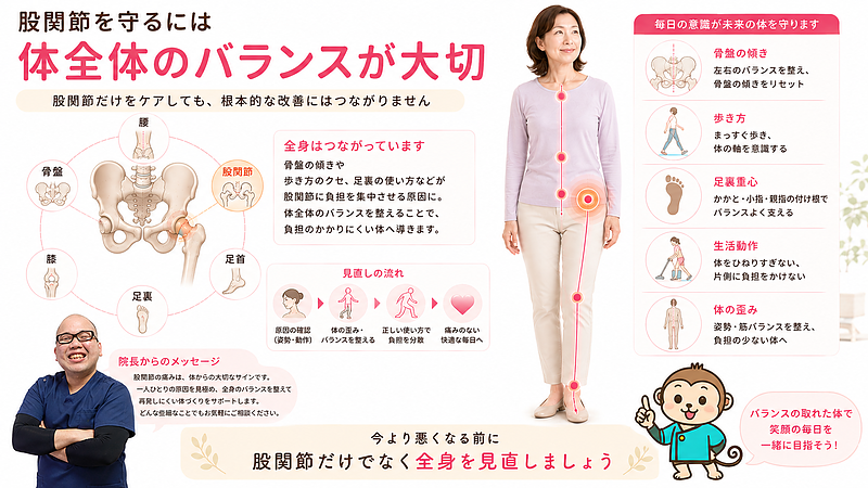 股関節を守るためには、股関節だけでなく腰、骨盤、膝、足首、足裏まで含めた体全体のバランスを見直すことが大切だと伝えるまとめ画像です。姿勢や歩き方、足裏重心、生活動作、体の歪みを総合的に整える必要性を、院長写真とマスコットキャラクターを添えて安心感のあるデザインで表現しています。 股関節を守るためには、股関節だけでなく腰、骨盤、膝、足首、足裏まで含めた体全体のバランスを見直すことが大切だと伝えるまとめ画像です。姿勢や歩き方、足裏重心、生活動作、体の歪みを総合的に整える必要性を、院長写真とマスコットキャラクターを添えて安心感のあるデザインで表現しています。