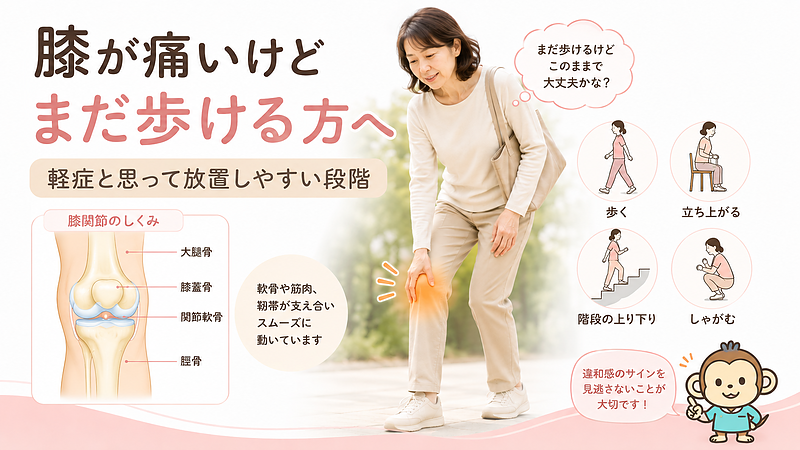 膝が痛いけどまだ歩ける段階で、軽症と思って放置しやすい膝痛の注意点を解説した画像です。歩き始め、立ち上がり、階段、しゃがむ動作で膝に違和感が出る方に向けて、膝関節の構造と日常動作での負担をわかりやすく示しています。