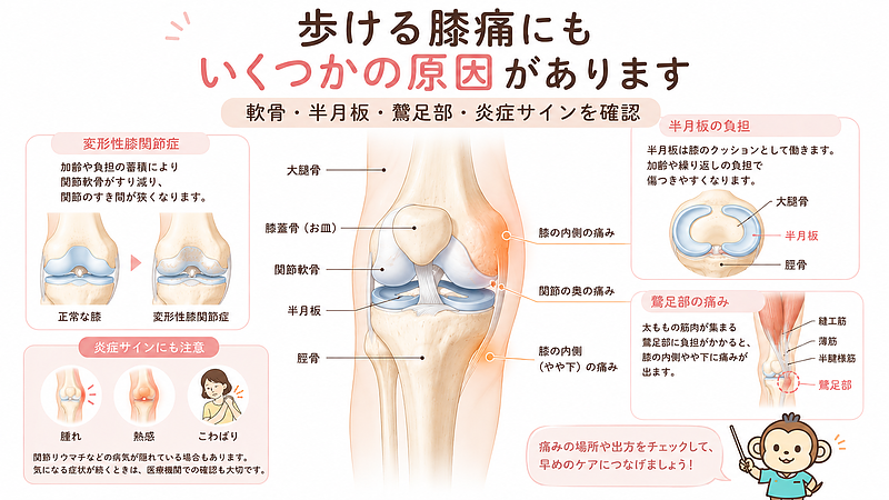 膝が痛いけど歩ける時に考えられる原因を、変形性膝関節症、半月板の負担、鵞足部の痛み、腫れや熱感などの炎症サインに分けて解説した医学図解です。膝の痛む場所や症状の出方を確認し、早めのケアにつなげるための画像です。