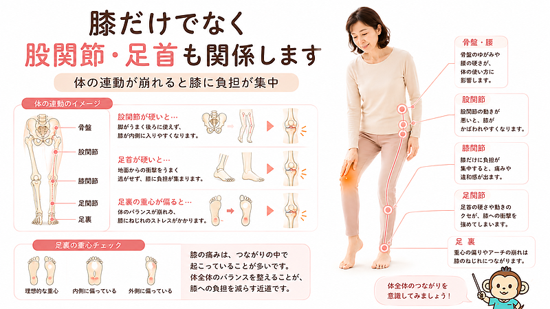 膝の痛みが膝だけでなく、骨盤、股関節、足首、足裏の動きや重心バランスと関係していることを解説した画像です。体の連動が崩れることで膝に負担が集中しやすくなる仕組みを、全身イラストと医学図解でわかりやすく表現しています。