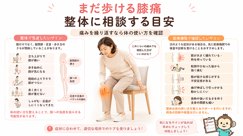 まだ歩ける膝痛で整体に相談しやすいサインと、医療機関で確認した方がよいサインを整理した画像です。立ち上がり、歩き始め、階段、長く歩く、しゃがむ動作で膝が気になる方に向けて、症状に応じた適切な相談先を考えるための図解です。