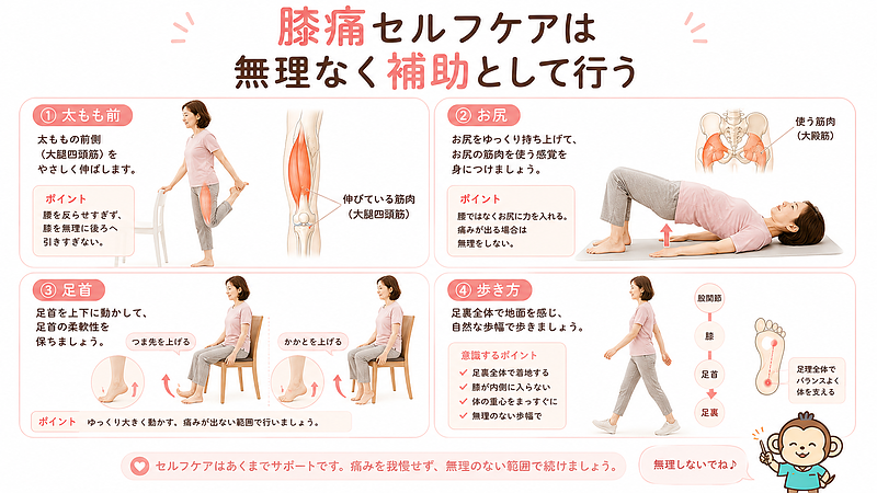 膝が痛い時に行いやすいセルフケアを、太もも前のストレッチ、お尻を使うブリッジ、足首の上げ下げ運動、歩き方の見直しに分けて紹介した画像です。痛みを我慢せず、膝への負担を減らす補助として無理なく行うためのセルフケア図解です。