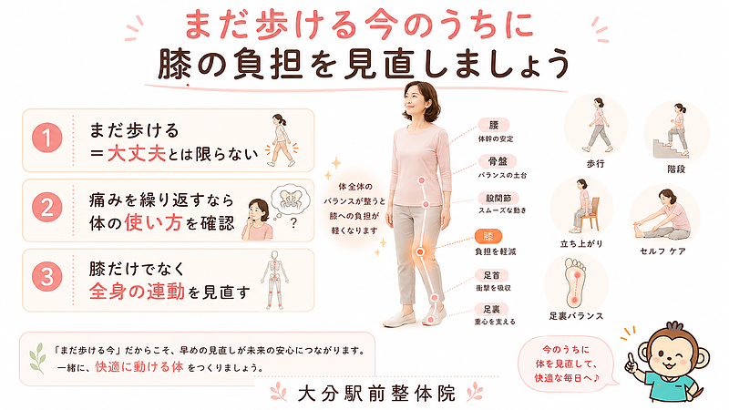 膝が痛いけどまだ歩ける段階こそ、早めに体の使い方を見直す大切さをまとめた画像です。膝だけでなく、腰、骨盤、股関節、足首、足裏の連動を整えることで、膝への負担を減らし、今より悪くなる前の対策につなげる内容です。
