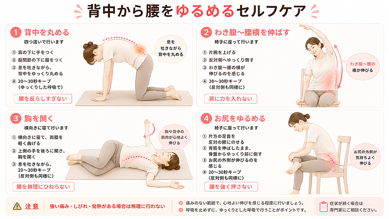 背中から腰にかけて痛いときに行いやすいセルフケアをまとめたストレッチ解説画像です。四つ這いで背中を丸める動き、わき腹から腰横を伸ばす動き、胸を開く動き、お尻をゆるめる動きを4分割で紹介しています。強い痛み・しびれ・発熱がある場合は無理に行わない注意点も示しています。