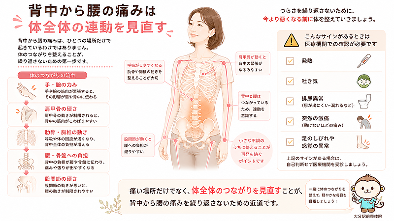 背中から腰の痛みを繰り返さないために、体全体の連動を見直す重要性をまとめた図解画像です。手・腕の力み、肩甲骨の硬さ、肋骨・胸椎の動き、腰・骨盤への負担、股関節の硬さがつながっていることを示し、痛い場所だけでなく全身のバランスを整える大切さを伝えています。
