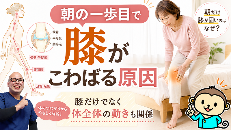 朝起きて最初の一歩を踏み出すときに膝がこわばる原因を、膝関節だけでなく骨盤・股関節・足首とのつながりから伝えるサムネイル画像です。膝の痛みを感じる女性、膝関節の医学図解、院長画像、院のマスコットを配置し、「朝の膝のこわばりは体全体の動きも関係する」という記事内容を直感的に理解できる構成にしています。 朝起きて最初の一歩を踏み出すときに膝がこわばる原因を、膝関節だけでなく骨盤・股関節・足首とのつながりから伝えるサムネイル画像です。膝の痛みを感じる女性、膝関節の医学図解、院長画像、院のマスコットを配置し、「朝の膝のこわばりは体全体の動きも関係する」という記事内容を直感的に理解できる構成にしています。