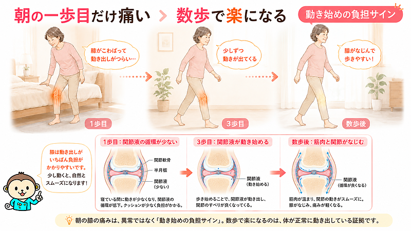 朝の一歩目では膝が痛いものの、数歩歩くと関節液が動き始め、筋肉や関節がなじんで楽になっていく流れをタイムラインで表現した画像です。1歩目、3歩目、数歩後の変化を女性の動作と膝関節図で示し、動き始めに膝へ負担がかかる理由を視覚的に理解しやすくしています。 朝の一歩目では膝が痛いものの、数歩歩くと関節液が動き始め、筋肉や関節がなじんで楽になっていく流れをタイムラインで表現した画像です。1歩目、3歩目、数歩後の変化を女性の動作と膝関節図で示し、動き始めに膝へ負担がかかる理由を視覚的に理解しやすくしています。