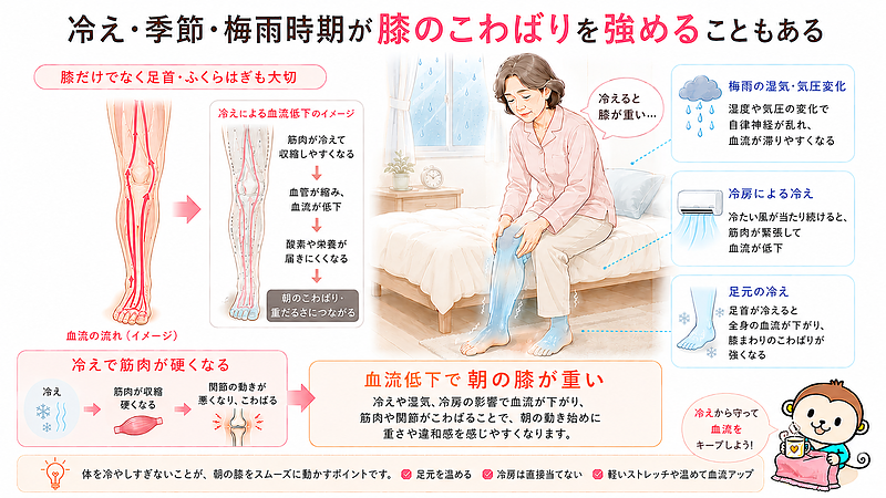 冷え、梅雨時期、冷房によって膝まわりの血流が低下し、朝の膝の重さやこわばりが強くなる仕組みを解説した画像です。太もも、膝まわり、ふくらはぎ、足首までの血流の関係を示し、膝だけでなく下肢全体を冷やさないことの大切さを伝えています。 冷え、梅雨時期、冷房によって膝まわりの血流が低下し、朝の膝の重さやこわばりが強くなる仕組みを解説した画像です。太もも、膝まわり、ふくらはぎ、足首までの血流の関係を示し、膝だけでなく下肢全体を冷やさないことの大切さを伝えています。
