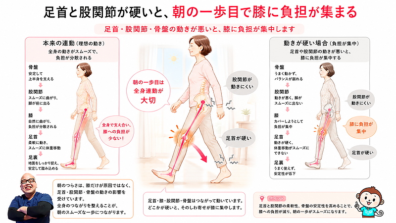 足首や股関節、骨盤の動きが悪いと、朝の一歩目で膝に負担が集まりやすくなることを説明した全身連動の図解画像です。本来のスムーズな連動と、動きが硬い場合の負担集中を比較し、膝の痛みを膝だけでなく体全体の動きから見る必要性を表現しています。 足首や股関節、骨盤の動きが悪いと、朝の一歩目で膝に負担が集まりやすくなることを説明した全身連動の図解画像です。本来のスムーズな連動と、動きが硬い場合の負担集中を比較し、膝の痛みを膝だけでなく体全体の動きから見る必要性を表現しています。