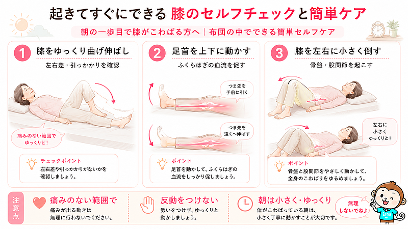 朝起きてすぐに布団の中でできる膝のセルフチェックと簡単ケアを、3ステップで分かりやすく解説した画像です。膝の曲げ伸ばし、足首の上下運動、膝を左右に小さく倒す動きを示し、痛みのない範囲で小さくゆっくり動かすことの大切さを伝えています。 朝起きてすぐに布団の中でできる膝のセルフチェックと簡単ケアを、3ステップで分かりやすく解説した画像です。膝の曲げ伸ばし、足首の上下運動、膝を左右に小さく倒す動きを示し、痛みのない範囲で小さくゆっくり動かすことの大切さを伝えています。