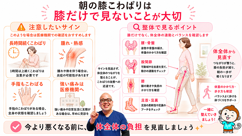 朝の膝のこわばりで注意したいサインと、整体で見る体全体のポイントをまとめた画像です。長時間続くこわばり、腫れ、熱感、手指のこわばりなど医療機関で確認したい症状と、腰・骨盤・股関節・膝・足首・足裏の連動を確認する整体の視点を分けて伝えています。 朝の膝のこわばりで注意したいサインと、整体で見る体全体のポイントをまとめた画像です。長時間続くこわばり、腫れ、熱感、手指のこわばりなど医療機関で確認したい症状と、腰・骨盤・股関節・膝・足首・足裏の連動を確認する整体の視点を分けて伝えています。